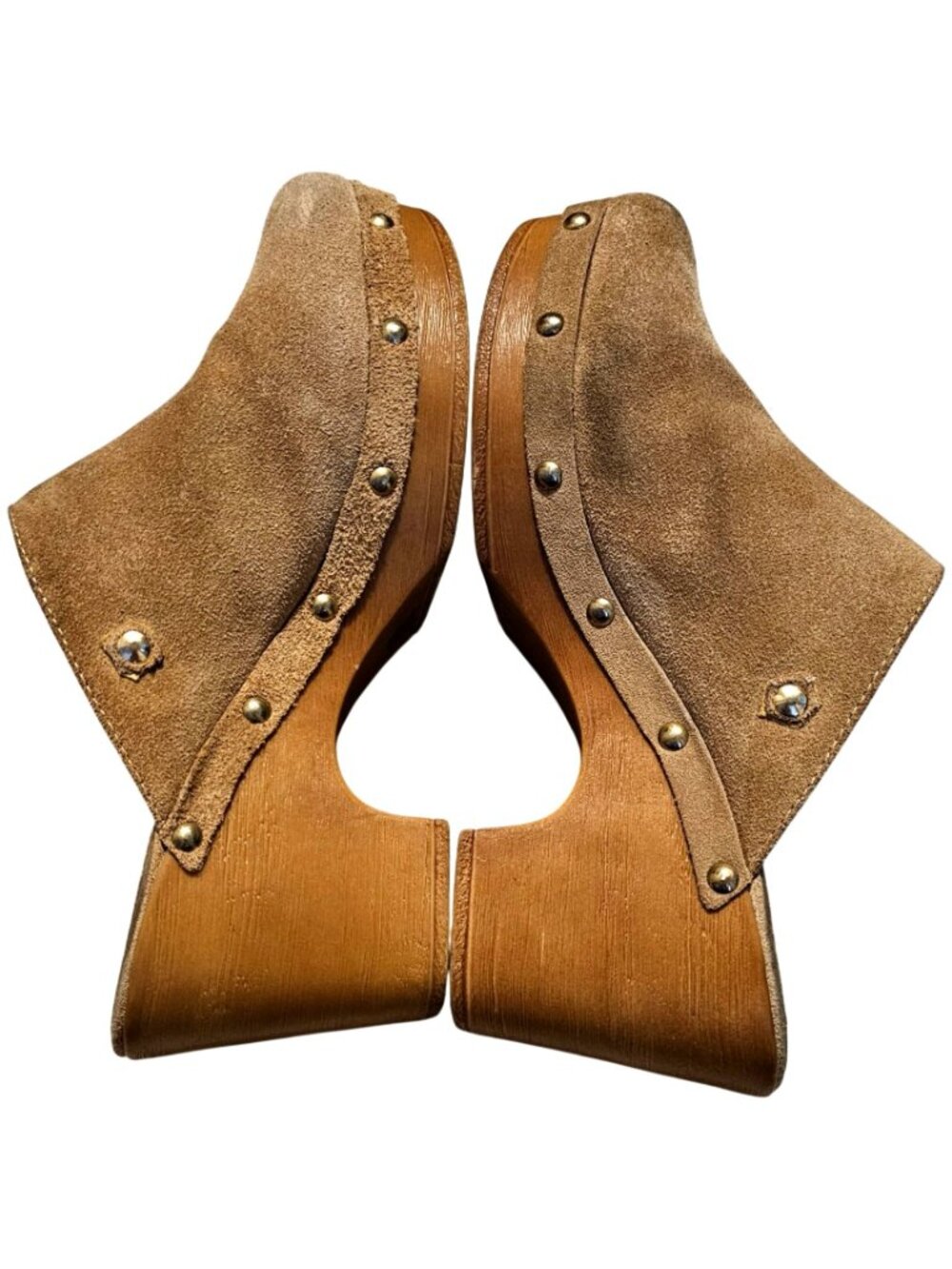 Steve Madden Tan Suede Clogs With Wooden Platform & Brass Studs - Picture 6 of 11